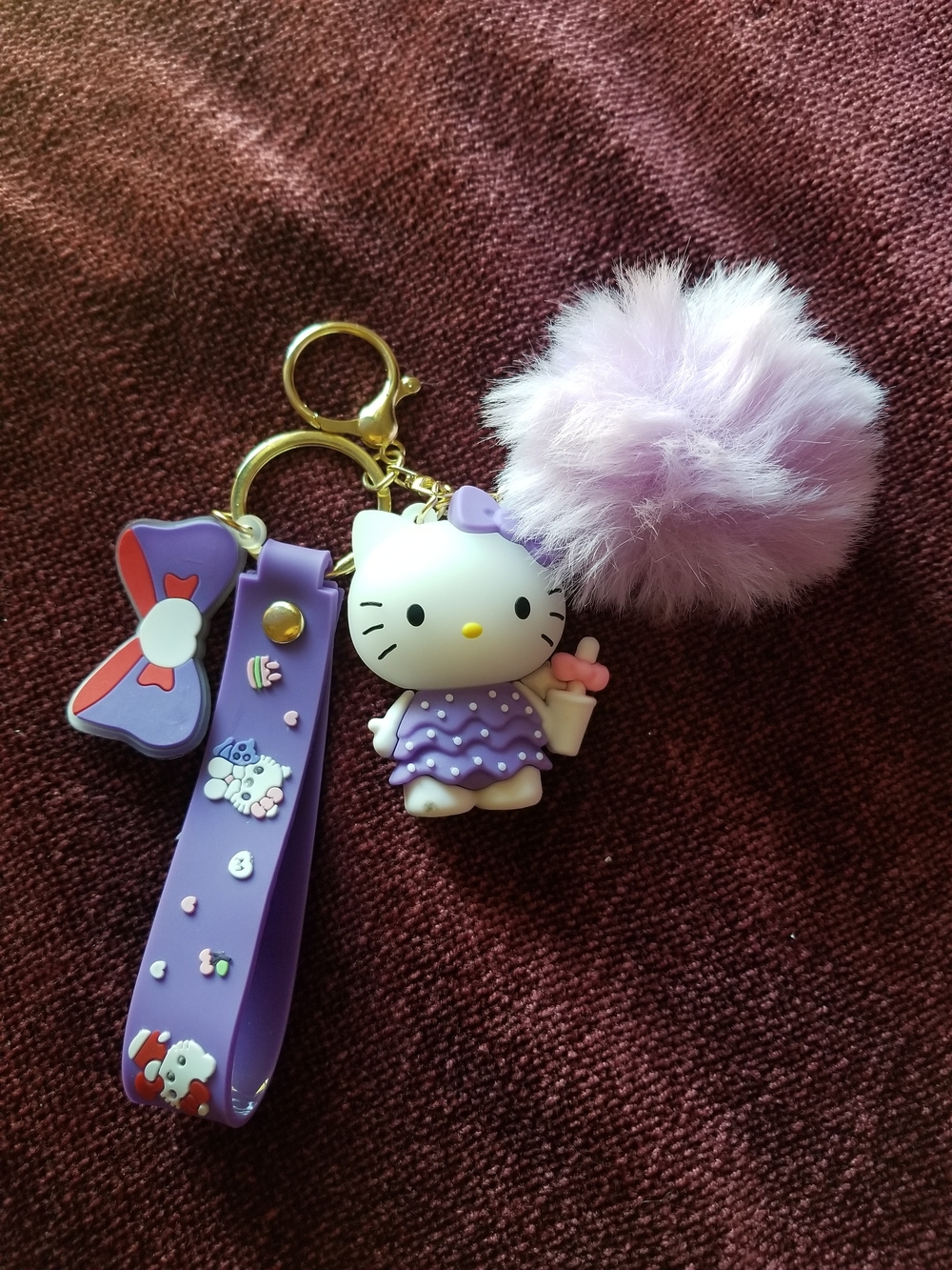 Purple Hello Kitty Pom-Pom Keychain Charm with Strap and Character Figure